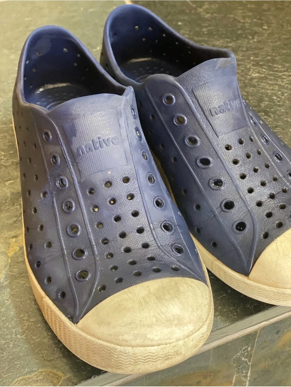 Native Jefferson Navy Blue Slip-On Sneakers with White Toe Caps J2